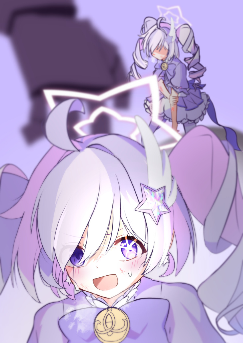 1girl, :d, absurdres, blue_archive, bow, caffeinesonsari, exhausted, hair_ornament