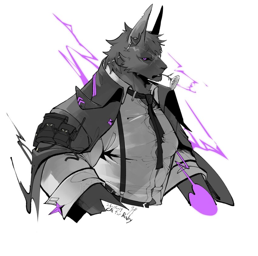 animal_ears, bara, black_eyes, chaos_zero_nightmare, flower, furry, furry_male, highres