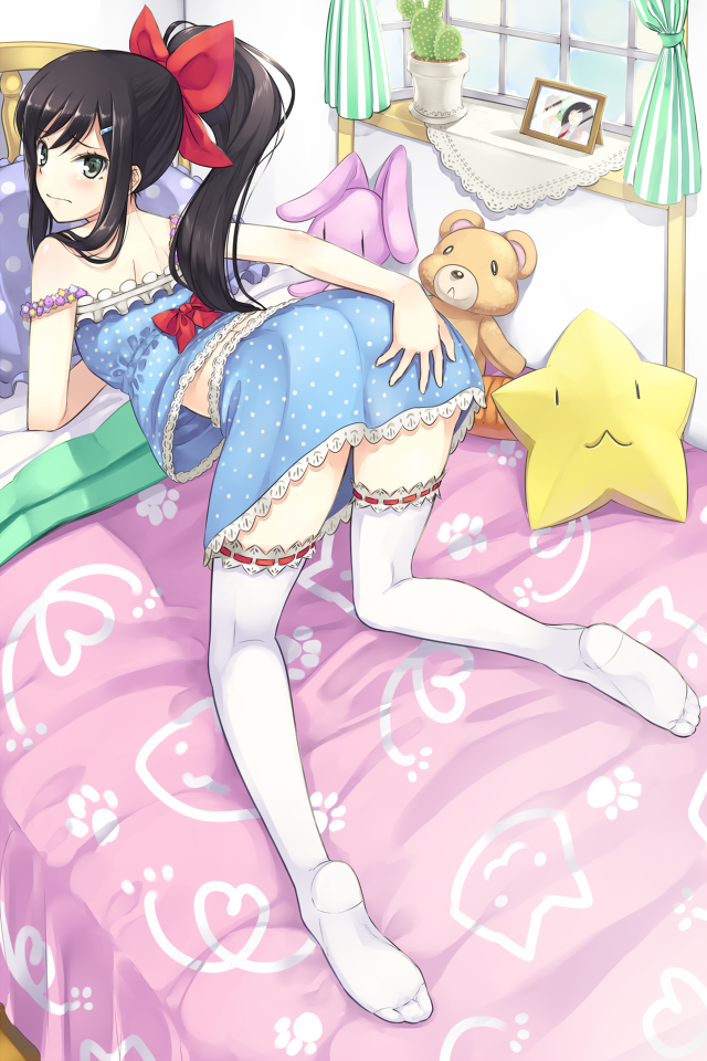 1girl, :3, all_fours, ass, bed, black_hair, blanket, bow, cactus, denchuubou, feet, female_focus, frown, green_eyes, hair_ribbon, kamijo_rui, long_hair, moegacha, non-web_source, paw_print, photo_(object), pillow, ponytail, ribbon, ribbon-trimmed_legwear, ribbon_trim, solo, source_request, star_(symbol), stuffed_animal, stuffed_rabbit, stuffed_toy, teddy_bear, thighhighs, white_thighhighs, window