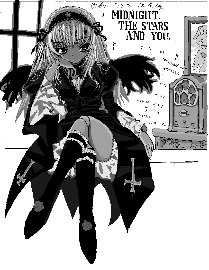 1girl, antique_radio, closed_mouth, crossed_legs, doll_joints, dress, english_text, gothic_lolita