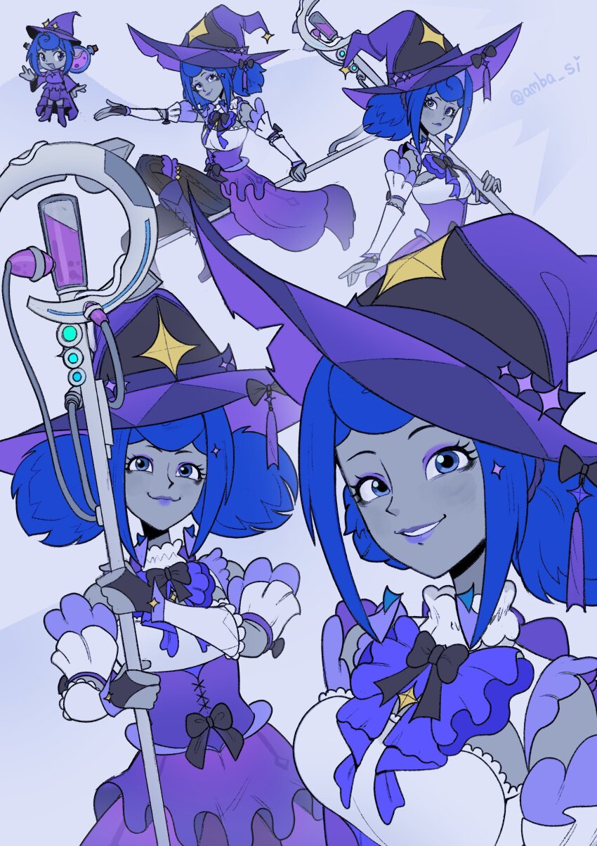 1girl, absurdres, amba_si, blue_eyes, blue_hair, breasts, colored_skin, double_bun