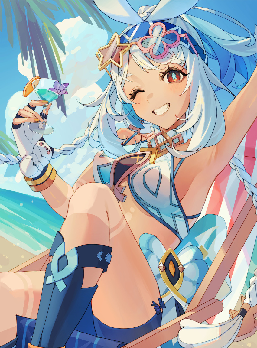 1girl, absurdres, armpits, asagihisui, bandana, bike_shorts, blue_bandana, blue_bike_shorts, blue_boots, blue_pupils, blue_shorts, boots, breasts, cocktail_glass, cup, dark-skinned_female, dark_skin, drinking_glass, dutch_angle, fingerless_gloves, fish-shaped_pupils, flower, genshin_impact, gloves, grin, highres, holding, holding_cup, mualani_(genshin_impact), ocean, one_eye_closed, outdoors, purple_flower, red_eyes, shorts, sideboob, sitting, small_breasts, smile, solo, summer, tan, tan_tattoo, white_gloves, white_hair