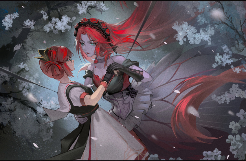 2girls, absurdly_long_hair, aqua_eyes, back_ribbon, banshee_(infinity_nikki), bare_shoulders, black-framed_eyewear, black_border