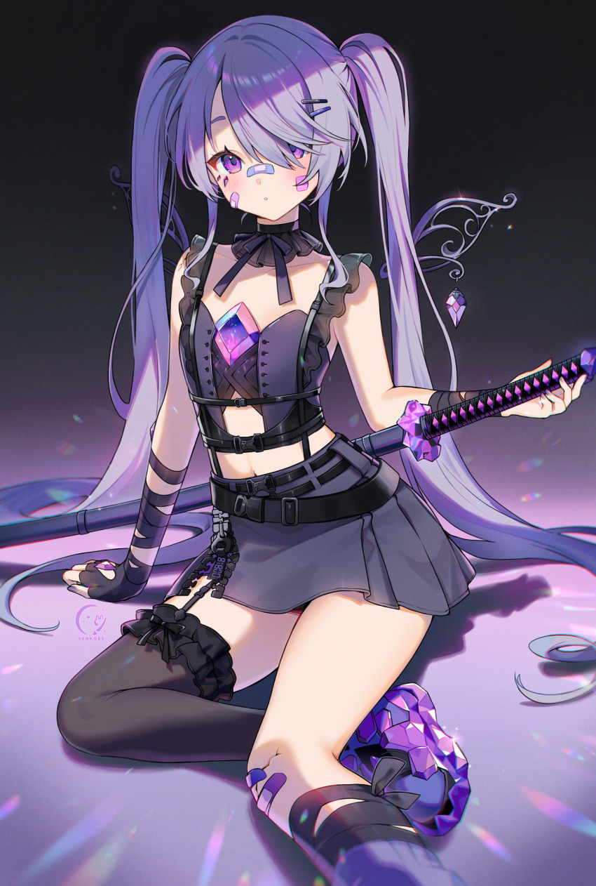 1girl, :o, arm_support, artist_name, bandaid, bandaid_on_cheek, bandaid_on_face, bandaid_on_knee