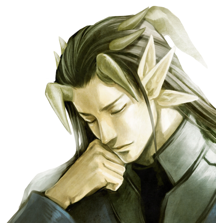 1boy, black_hair, black_shirt, blouse, closed_eyes, extra_ears, horns, male_focus