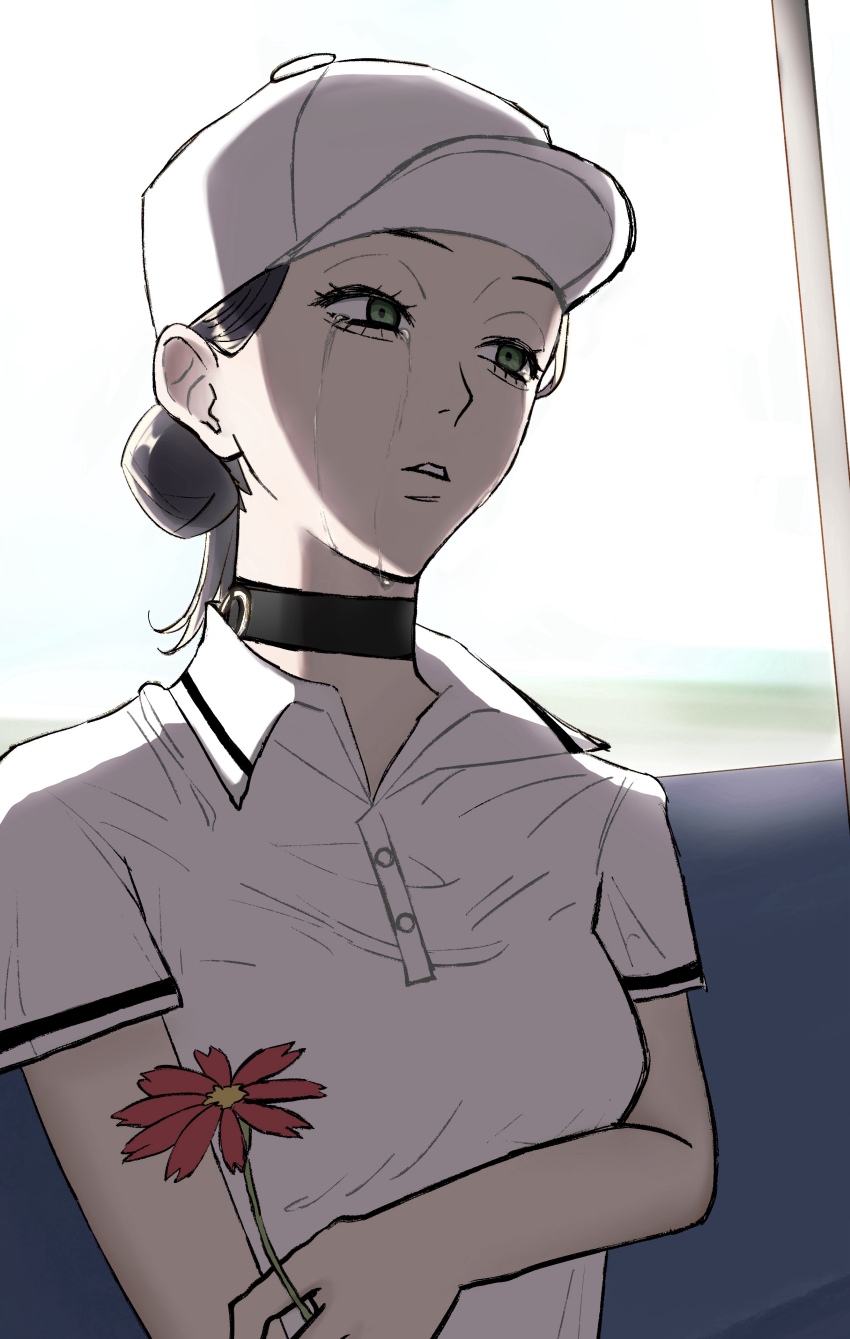 1girl, absurdres, baseball_cap, black_choker, black_hair, chainsaw_man, choker, commentary_request, crying, crying_with_eyes_open, flower, green_eyes, grenade_pin, hair_bun, hair_flower, hair_ornament, hat, highres, lzb_i5, parted_lips, polo_shirt, red_flower, reze_(chainsaw_man), shirt, solo, tears, white_hat, white_shirt, window