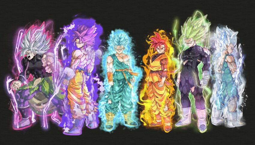 6+boys, absurdres, alternate_costume, alternate_form, alternate_hair_color, aura, back, beatlo_(rodrigo38658978), black_background, blank_eyes, blue_eyes, blue_hair, bodysuit, boots, broly_(dragon_ball_super), dougi, dragon_ball, dragonball_z, facial_scar, full_body, gloves, gohan_beast, green_hair, highres, legendary_super_saiyan, looking_at_viewer, looking_back, male_focus, multiple_boys, muscular, muscular_male, no_eyebrows, pants, purple_eyes, purple_hair, red_eyes, red_hair, sash, scar, scar_on_cheek, scar_on_face, son_gohan, son_goku, son_goten, spiked_hair, super_saiyan, super_saiyan_blue, super_saiyan_god, topless_male, torn_bodysuit, torn_clothes, torn_pants, trunks_(dragon_ball), ultra_ego_(dragon_ball), ultra_instinct, vegeta, waist_cape, white_eyes, white_gloves, white_hair, wristband