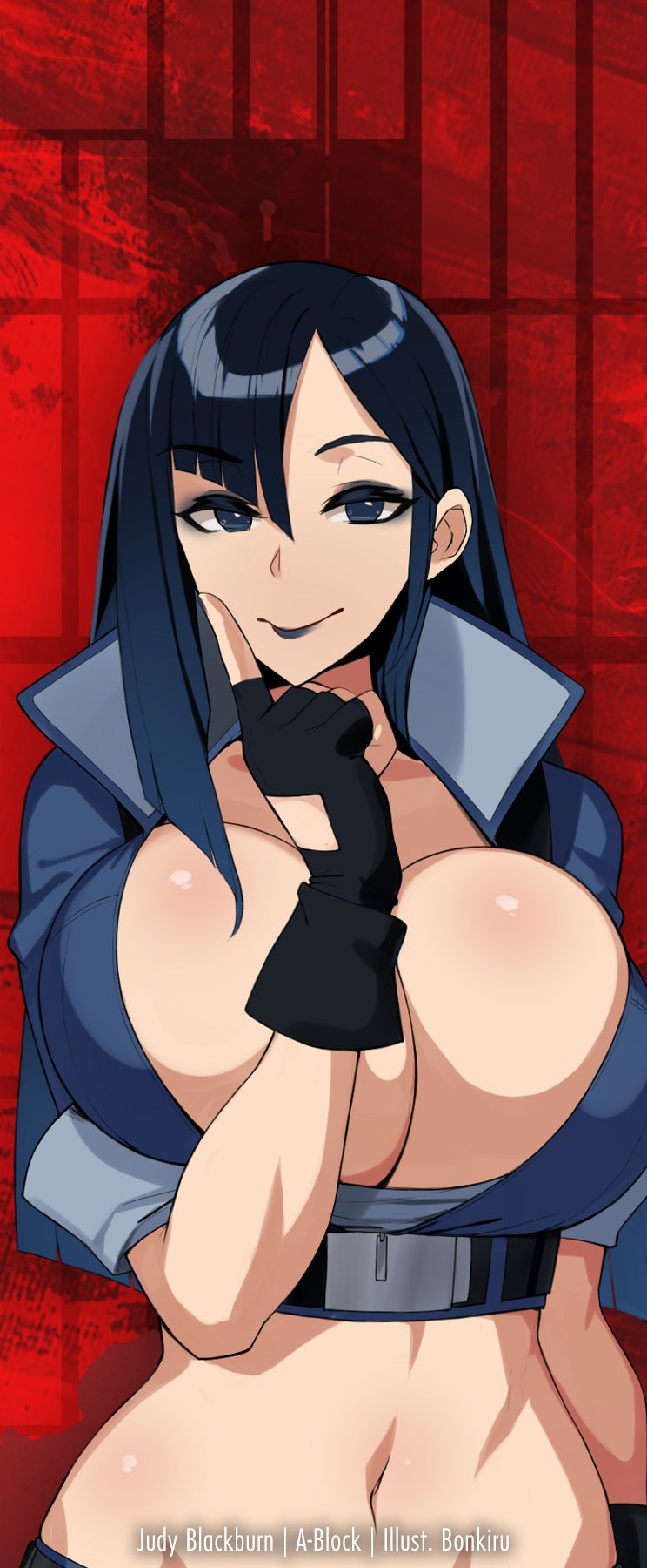 1girl, artist_name, blue_eyes, blue_hair, bonkiru, breasts, character_name, fingerless_gloves