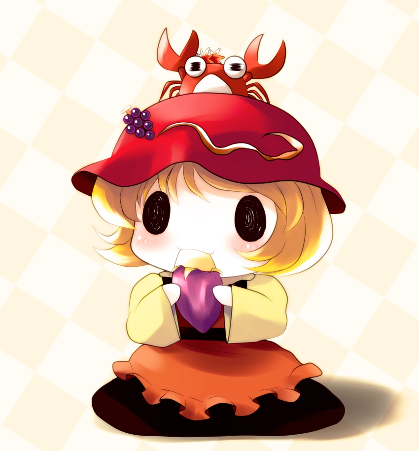 0_0, 1girl, aki_minoriko, aki_shizuha, aki_shizuha_(crab), black_eyes, blonde_hair, checkered_background