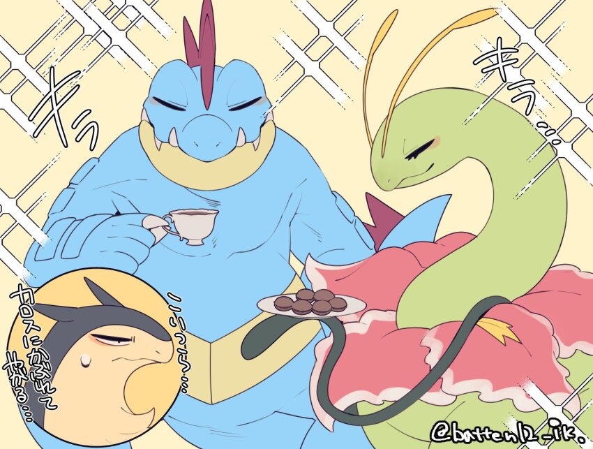 claws, closed_eyes, closed_mouth, cup, eating, fangs, feraligatr, flower, food, gen_2_pokemon, glowing, holding, holding_cup, holding_plate, mamebato, meganium, nintendo, no_humans, open_mouth, plate, pokemon, pokemon_(creature), sharp_teeth, smile, standing, starter_pokemon_trio, sweatdrop, teeth, typhlosion