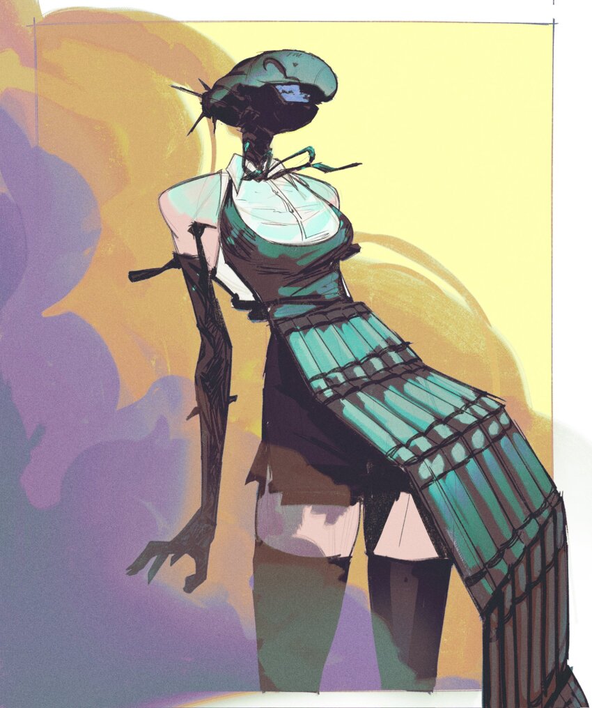 1girl, apron, black_apron, black_gloves, black_shorts, black_thighhighs, bomb_devil_(chainsaw_man), chainsaw_man, collared_shirt, commentary, dynamite, elbow_gloves, explosive, gloves, highres, object_head, shirt, shorts, sleeveless, sleeveless_shirt, solo, thighhighs, white_shirt, yansom