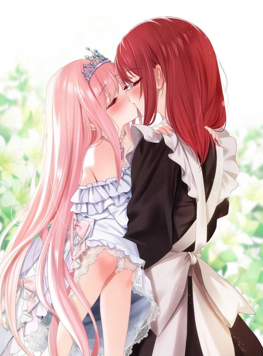 2girls, apron, bagel_sandica, berry_(shoujo_no_nozomanu_eiyuutan), black_dress, blush, closed_eyes, commentary_request