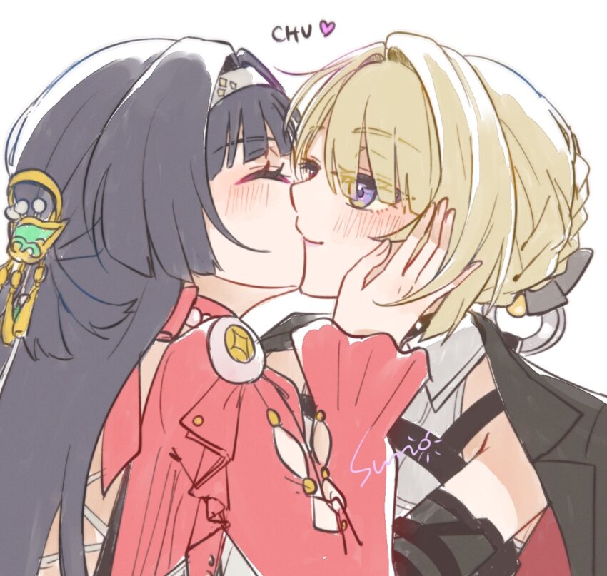 2girls, astra_yao, black_hair, blonde_hair, blush, closed_eyes, closed_mouth, commentary, dress, evelyn_chevalier, hair_over_hairband, multiple_girls, purple_eyes, red_dress, shirt, simple_background, smile, sun_(knp_ta1y0), white_background, white_shirt, yuri, zenless_zone_zero