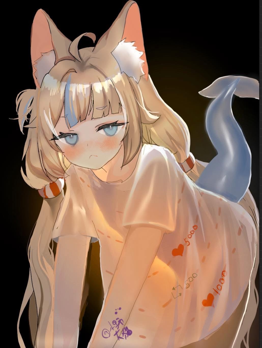 1girl, ahoge, animal_ear_fluff, animal_ears, blonde_hair, blue_eyes, blue_hair, cat_ears