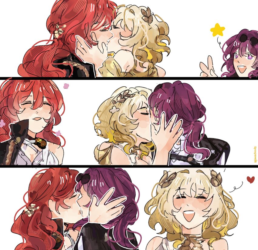 3girls, aglaea_(honkai:_star_rail), black_jacket, blonde_hair, closed_eyes, commentary, dress, elite_throuple_kiss_(meme), english_commentary, eyewear_on_head, glasses, heart, highres, himeko_(honkai:_star_rail), honkai:_star_rail, honkai_(series), hyastelle, jacket, kafka_(honkai:_star_rail), kiss, laughing, long_hair, meme, multiple_girls, open_mouth, polyamory, ponytail, purple_eyes, purple_hair, red_hair, simple_background, smile, star_(symbol), v, white_background, white_dress, yuri