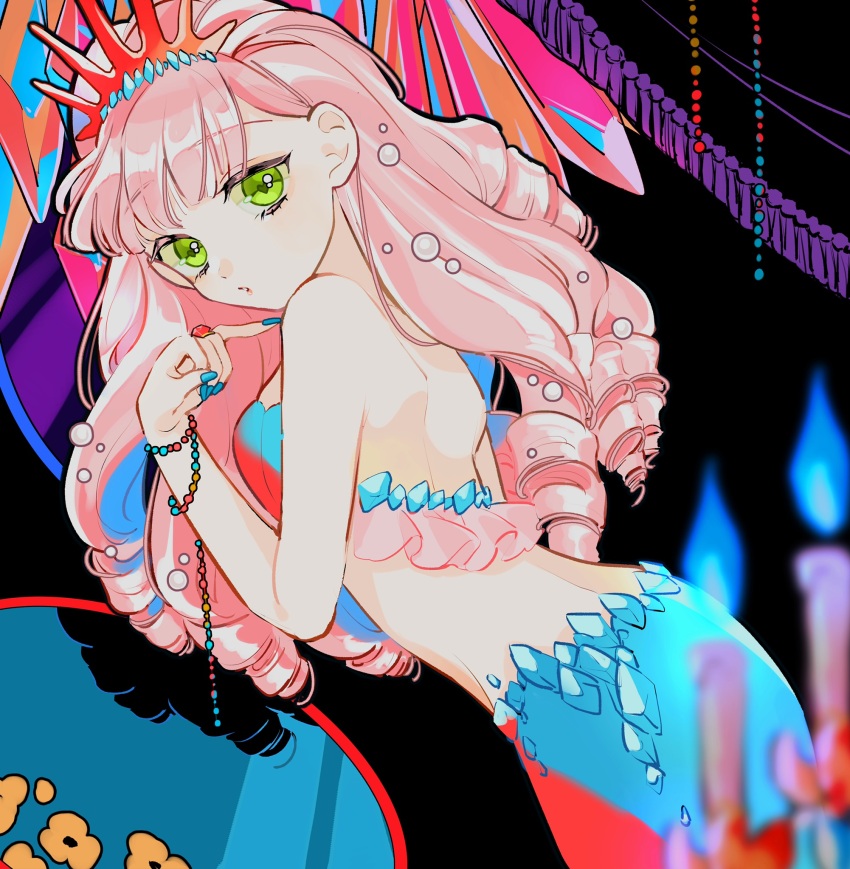 1girl, amaharu_wasure, bikini, blue_fire, blue_hair, blue_nails, blurry, bra