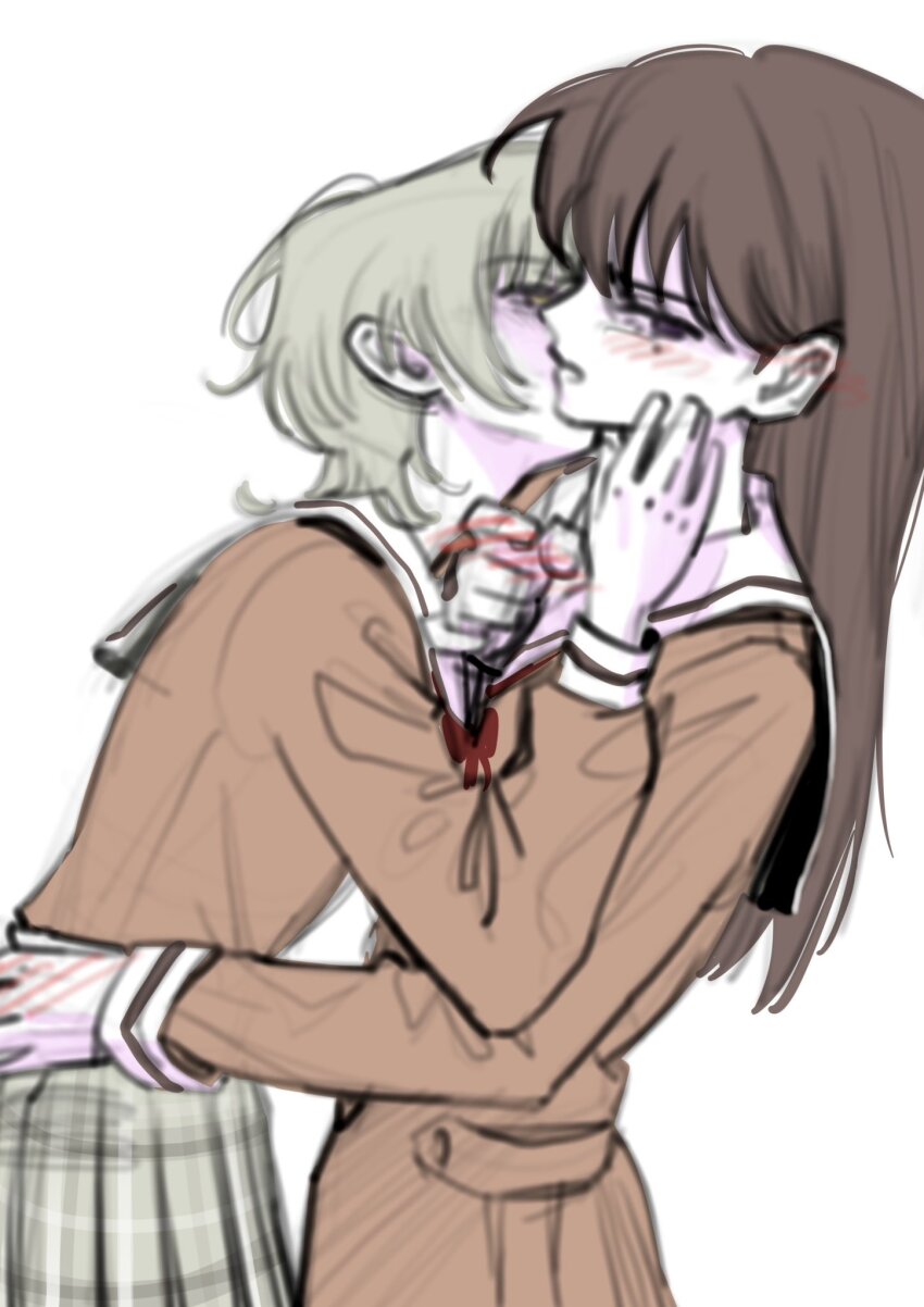 12thfog, 2girls, bang_dream!, bang_dream!_it's_mygo!!!!!, blush, brown_dress, brown_hair, brown_shirt