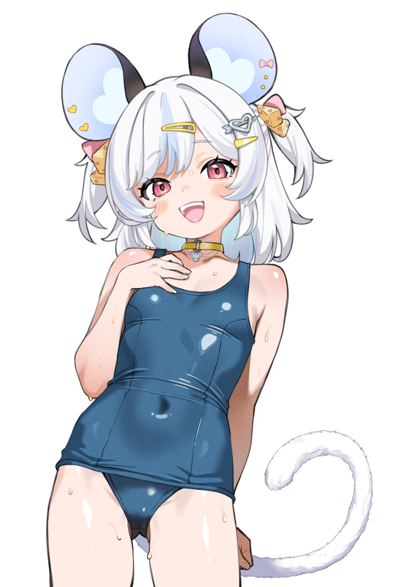 1girl, :d, absurdres, animal_ear_piercing, animal_ears, arm_behind_back, blue_hair, blue_one-piece_swimsuit