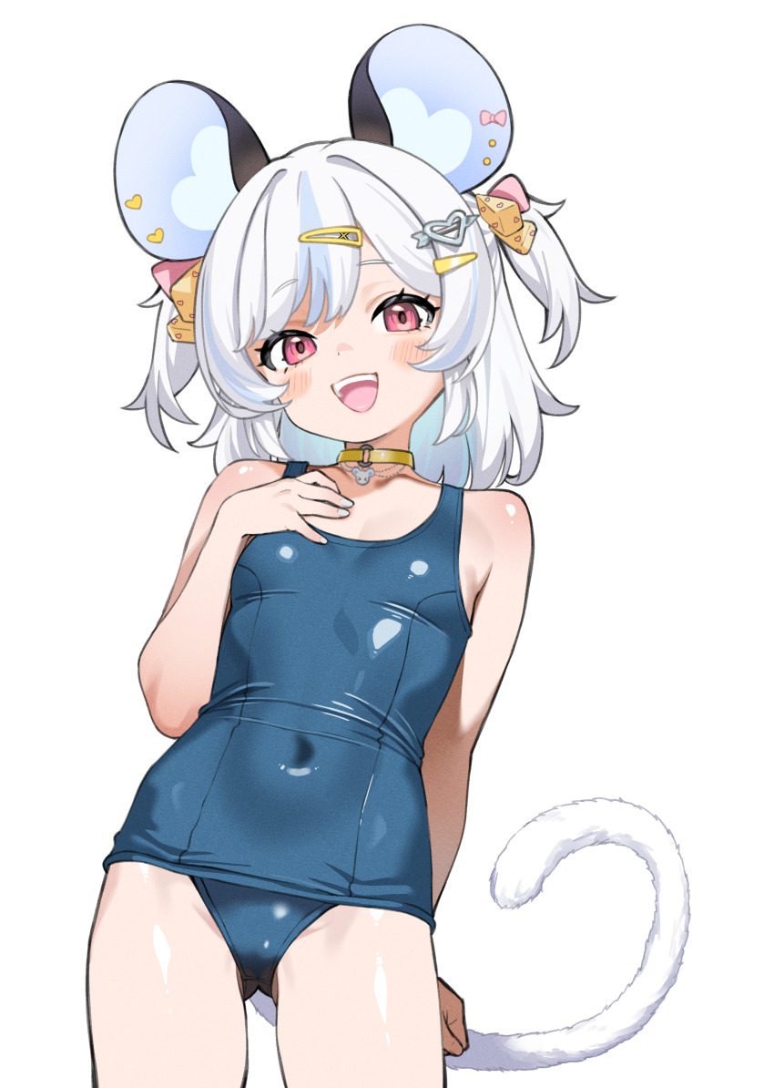 1girl, :d, absurdres, animal_ear_piercing, animal_ears, arm_behind_back, blue_hair, blue_one-piece_swimsuit