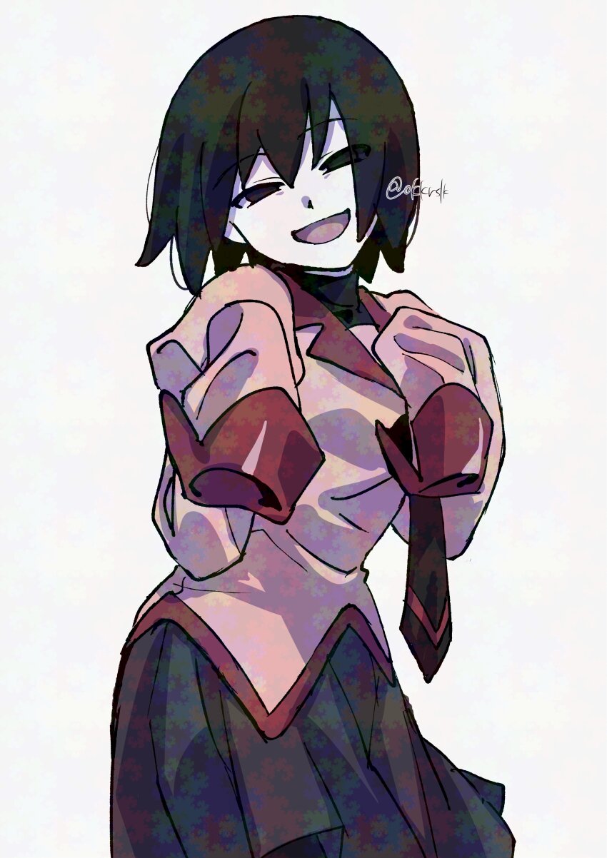 1girl, :d, absurdres, black_eyes, black_hair, black_necktie, black_pantyhose, black_shirt, black_skirt, bob_cut, breasts, commentary, cowboy_shot, empty_eyes, fractal_noise, hair_between_eyes, hands_up, hatahata_(okkrslk), head_tilt, highres, juliet_sleeves, long_sleeves, looking_at_viewer, loose_hair_strand, medium_breasts, monogatari_(series), naoetsu_high_school_uniform, narrowed_eyes, necktie, open_mouth, oshino_ougi, pantyhose, pink_shirt, pleated_skirt, puffy_sleeves, red_trim, school_uniform, shirt, short_hair, skirt, sleeves_past_fingers, sleeves_past_wrists, smile, solo, standing, turtleneck, white_background