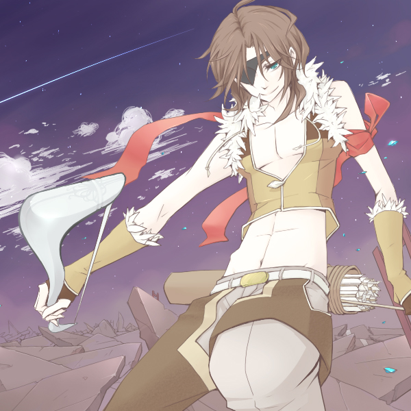 1boy, armband, arrow_(projectile), blue_eyes, bow_(weapon), brown_gloves, brown_hair, brown_shirt