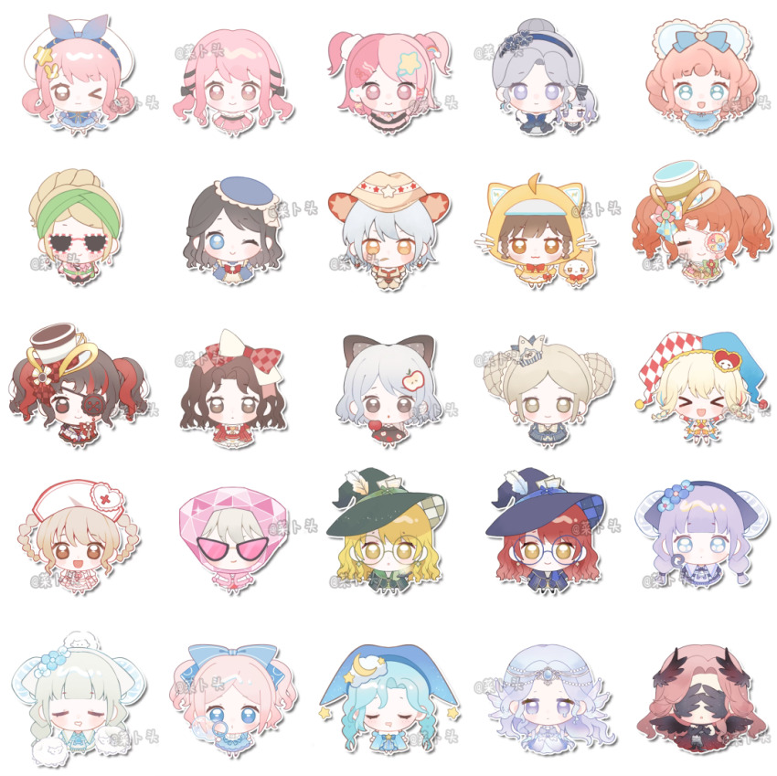 >_<, 6+girls, :o, adventure_ride_(infinity_nikki), all-night_party_(infinity_nikki), animal, art_of_tailoring_(infinity_nikki), artist_name, baonu_de_zhanshen_caibutou, bubble's_hometown_(infinity_nikki), bubbly_voyage_(infinity_nikki), cat, celestial_whispers_(infinity_nikki), chibi, closed_mouth, clothed_animal, cowgirl_(western), crimson_feather_(infinity_nikki), crimson_rhapsody_(infinity_nikki), doll, dream_banquet_(infinity_nikki), dual_persona, enchanted_writing_(infinity_nikki), fruity_wish_(infinity_nikki), happy, hat, infinity_nikki, jester_cap, livie_(infinity_nikki), lolita_fashion, mermaid, momo_(nikki), momo_rain_(infinity_nikki), monster_girl, multiple_girls, nikki_(nikki), nikki_(series), official_alternate_color, official_alternate_costume, one_eye_closed, outline, pastoral_dance_(infinity_nikki), perfect_start_(infinity_nikki), queen, rosie_sweetheart_(infinity_nikki), sad, smile, snowy_ballad_(infinity_nikki), spectral_mist_(infinity_nikki), standing, straight-on, stylist_(nikki), sweet_diagnosis_(infinity_nikki), the_perfectionist_(infinity_nikki), the_queen's_move_(infinity_nikki), timeless_melody_(infinity_nikki), white_background, white_cat, white_outline, yellow_cloak