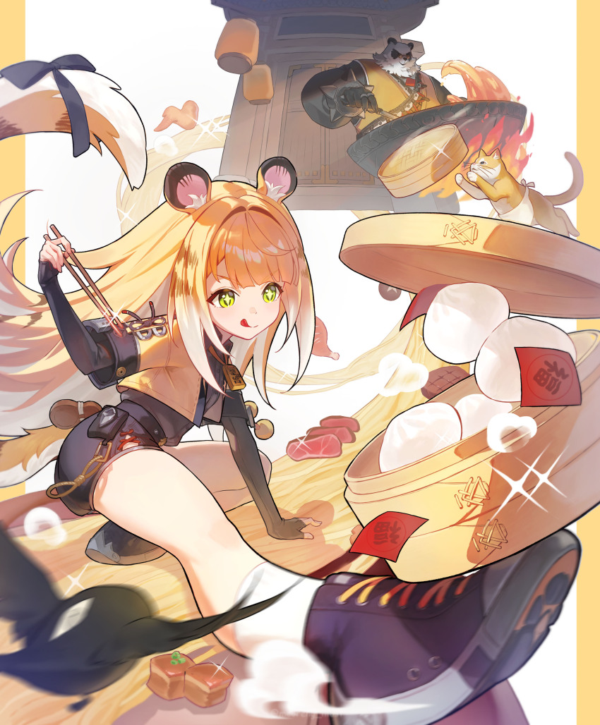 +_+, 1boy, 1girl, :q, absurdres, animal_ears, bamboo_steamer, bird