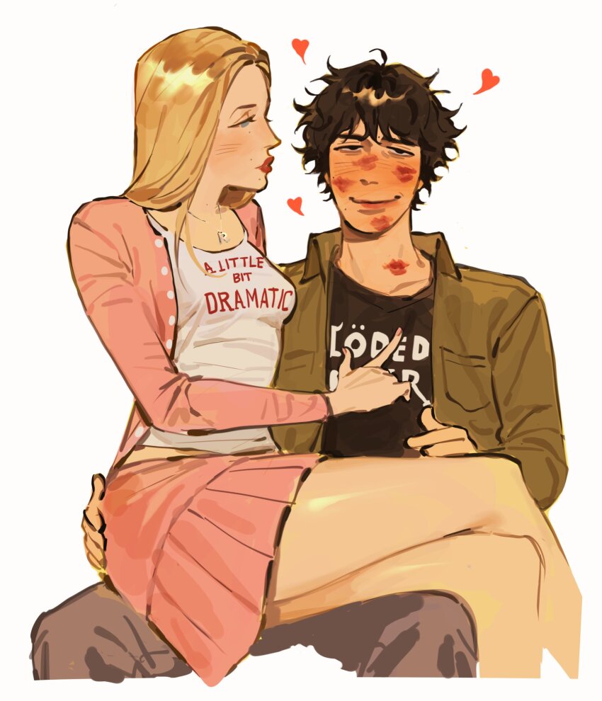 1boy, 1girl, ahoge, assertive_female, black_shirt, blonde_hair, blue_eyes, blush