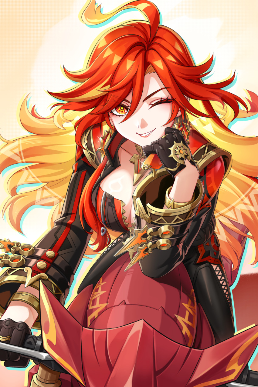 1girl, ahoge, black_gloves, blonde_hair, bracelet, breasts, cleavage, colored_inner_hair