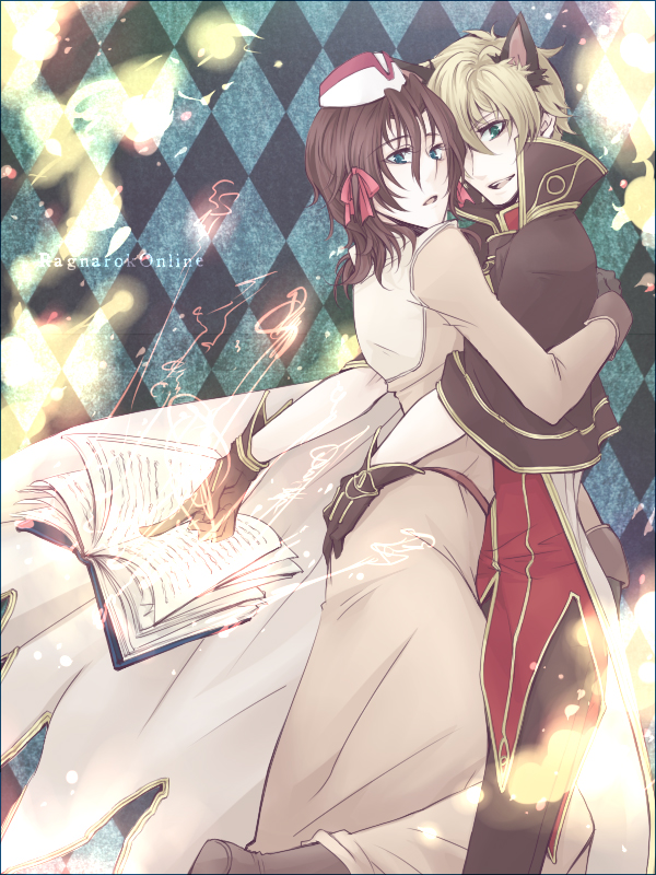 2boys, acolyte_(ragnarok_online), acolyte_(ragnarok_online)_(cosplay), animal_ears, beretta_de_camera, blonde_hair, book, brown_capelet