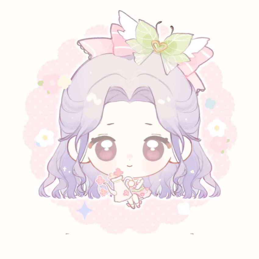 1girl, ankle_socks, baonu_de_zhanshen_caibutou, bare_shoulders, blunt_ends, border, bow, bow_legwear, chibi, chinese_commentary, closed_mouth, commentary_request, courtyard_flowers_(infinity_nikki), dot_nose, dress, dress_flower, eyelashes, floral_background, flower, forehead, frilled_dress, frills, green_bow, hair_bow, hair_ornament, happy, heart, heart_hair_ornament, highres, holding, holding_watering_can, infinity_nikki, invisible_chair, lace-trimmed_bow, lace_trim, large_bow, leaf_bow, light_blush, light_particles, long_hair, long_sidelocks, nikki_(series), outline, outside_border, parted_bangs, pink_background, pink_bow, pink_dress, pink_flower, pink_shoes, pink_wrist_cuffs, polka_dot, polka_dot_background, purple_eyes, purple_hair, round_border, shoes, short_dress, sidelocks, sitting, sleeveless, sleeveless_dress, smile, socks, solo, sparkle, square_neckline, striped_bow, tareme, very_long_hair, watering_can, wavy_hair, white_border, white_flower, white_outline, white_socks, wrist_cuffs