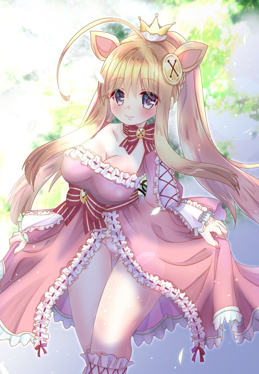 1girl, ahoge, animal_ears, balloonpig_alma, blonde_hair, breasts, button_hair_ornament, choker, cleavage, cleavage_cutout, clothing_cutout, dress, emil_chronicle_online, frilled_dress, frills, grey_eyes, highres, holding_own_dress, large_breasts, long_sidelocks, panties, pig_ears, pig_girl, pink_dress, pink_panties, ponytail, red_ribbon, red_sash, ribbon, ribbon_choker, sash, sidelocks, solo, thighs, underwear, yukiomi_kizuki