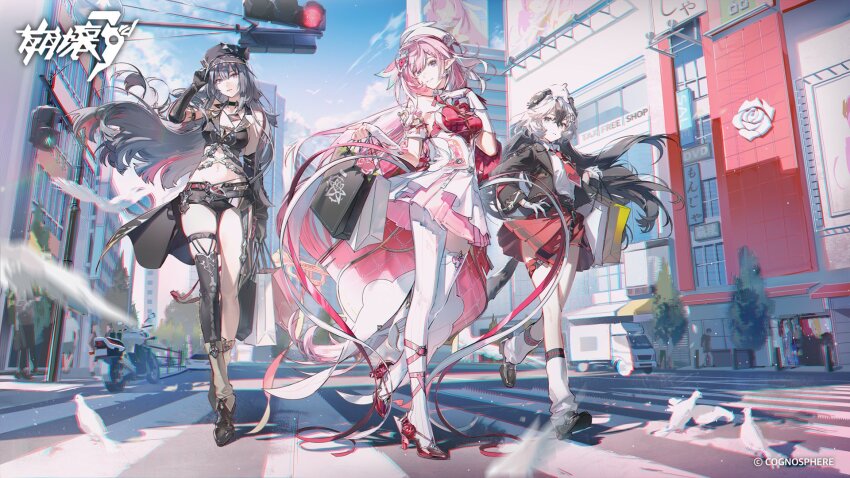 3girls, animal, animal_ears, animal_on_head, bag, beret, bird, black_coat