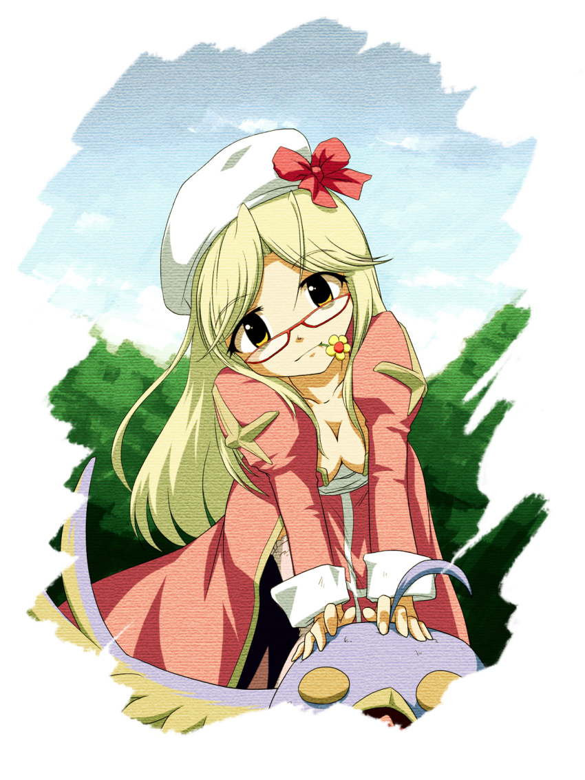 1girl, 2000s_(style), beret, bird, blonde_hair, blue_bird, blue_sky, border