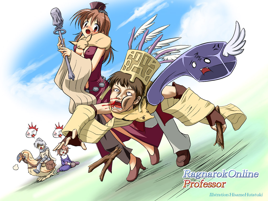 2000s_(style), 2boys, 2girls, animal, animal_around_neck, armored_boots, blue_sky, boots, breasts, brown_gloves, brown_hair, character_name, commentary_request, copyright_name, covered_erect_nipples, crown, day, detached_sleeves, dress, fingerless_gloves, fox, full_body, futatsuki_hisame, gameplay_mechanics, gloves, green_eyes, holding, holding_staff, in_the_face, knight_(ragnarok_online), long_hair, looking_at_another, medium_breasts, multiple_boys, multiple_girls, open_mouth, outdoors, pants, peco_peco, priest_(ragnarok_online), professor_(ragnarok_online), punching, purple_dress, ragnarok_online, red_dress, red_eyes, reins, short_hair, skeggiold_(ragnarok_online), sky, sleeveless, sleeveless_dress, staff, surprised, white_pants, yellow_sleeves