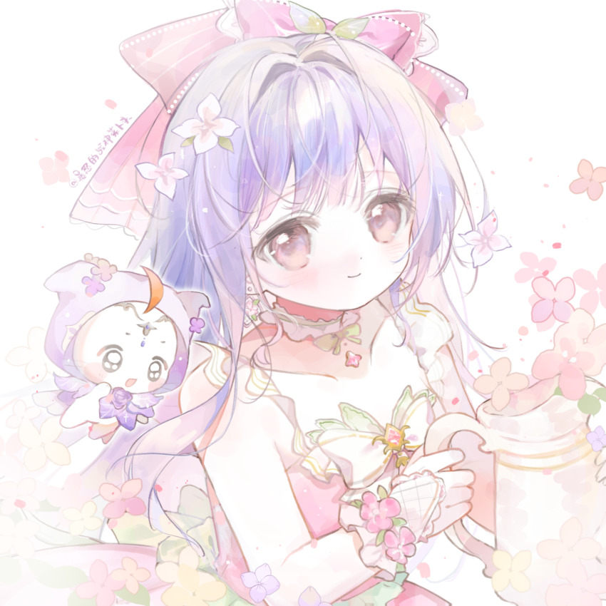 1girl, ahoge, animal, argyle_clothes, argyle_gloves, back_ribbon, baonu_de_zhanshen_caibutou, bare_shoulders, black_eyes, blunt_bangs, bow, bowtie, bracelet, brooch, brown_eyes, cat, chinese_commentary, choker, circlet, cloak, closed_mouth, clothed_animal, collarbone, commentary_request, courtyard_flowers_(infinity_nikki), cowboy_shot, dot_nose, dress, dress_flower, ear_covers, fingerless_gloves, flower, flower_bracelet, frilled_choker, frilled_dress, frilled_gloves, frills, gloves, green_bow, green_bowtie, green_choker, green_ribbon, hair_bow, hair_flower, hair_intakes, hair_ornament, happy, highres, holding, holding_watering_can, hood, hood_up, hooded_cloak, infinity_nikki, jewelry, large_bow, leaf, light_blush, light_particles, long_hair, long_sidelocks, loose_hair_strand, making-of_available, momo_(nikki), nikki_(series), official_alternate_costume, pink_bow, pink_dress, pink_flower, pleated_dress, purple_bow, purple_bowtie, purple_cloak, purple_hair, ribbon, sidelocks, simple_background, sleeveless, sleeveless_dress, smile, standing, striped_bow, tareme, very_long_hair, watering_can, white_background, white_bow, white_bowtie, white_cat, white_gloves