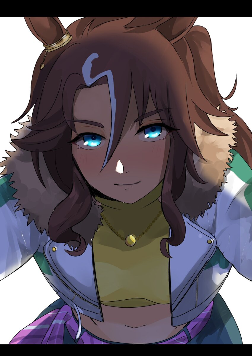 1girl, animal_ears, blue_eyes, brown_hair, fur_collar, glowing, glowing_eyes, green_skirt