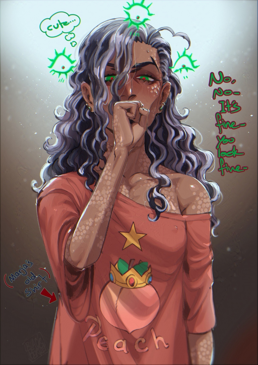 1girl, blackberreh-art, covered_erect_nipples, dark-skinned_female, dark_skin, earrings, english_text, eyelashes, food, fruit, genderswap, genderswap_(mtf), green_eyes, grey_hair, highres, jewelry, jonathan_sims, multicolored_hair, peach, red_pupils, scar, scar_on_face, shirt, t-shirt, the_magnus_archives, two-tone_hair, wavy_hair