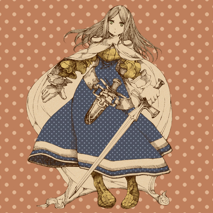 1girl, ankoro, armor, armored_dress, belt, blonde_hair, boots, cape