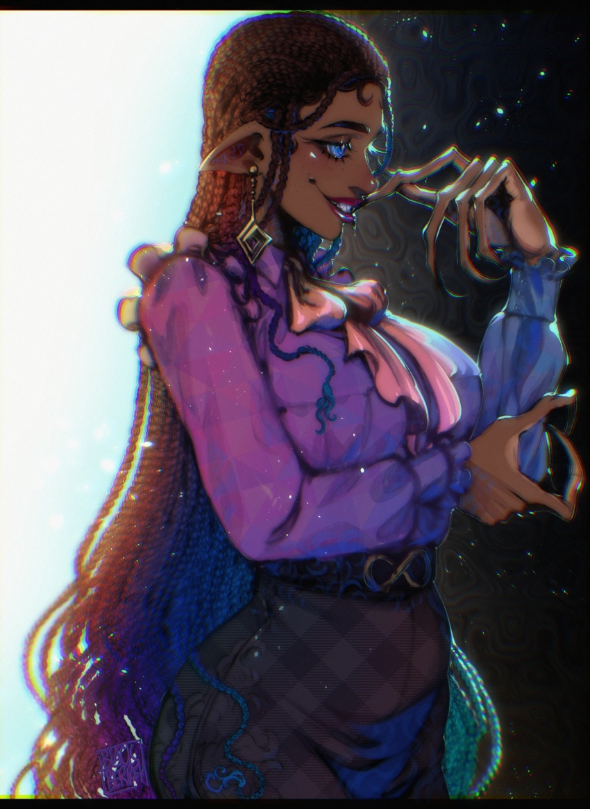 1girl, belt, blackberreh-art, blue_eyes, bow, box_braids, breasts, claws, design_speculation, distortion_(tma), earrings, eyelashes, freckles, frilled_shirt, frills, grin, helen_richardson, highres, infinity_symbol, jewelry, light-skinned_palms, long_hair, pink_bow, pointy_ears, purple_shirt, sharp_teeth, shirt, skirt, smile, solo, teeth, the_magnus_archives, very_long_hair