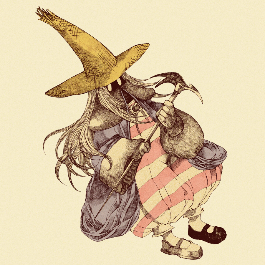 androgynous, ankoro, black_mage, black_mage_(fft), black_mage_(final_fantasy), blonde_hair, final_fantasy, final_fantasy_tactics, gender_request, gloves, hat, long_hair, mary_janes, shoes, solo, staff, witch_hat