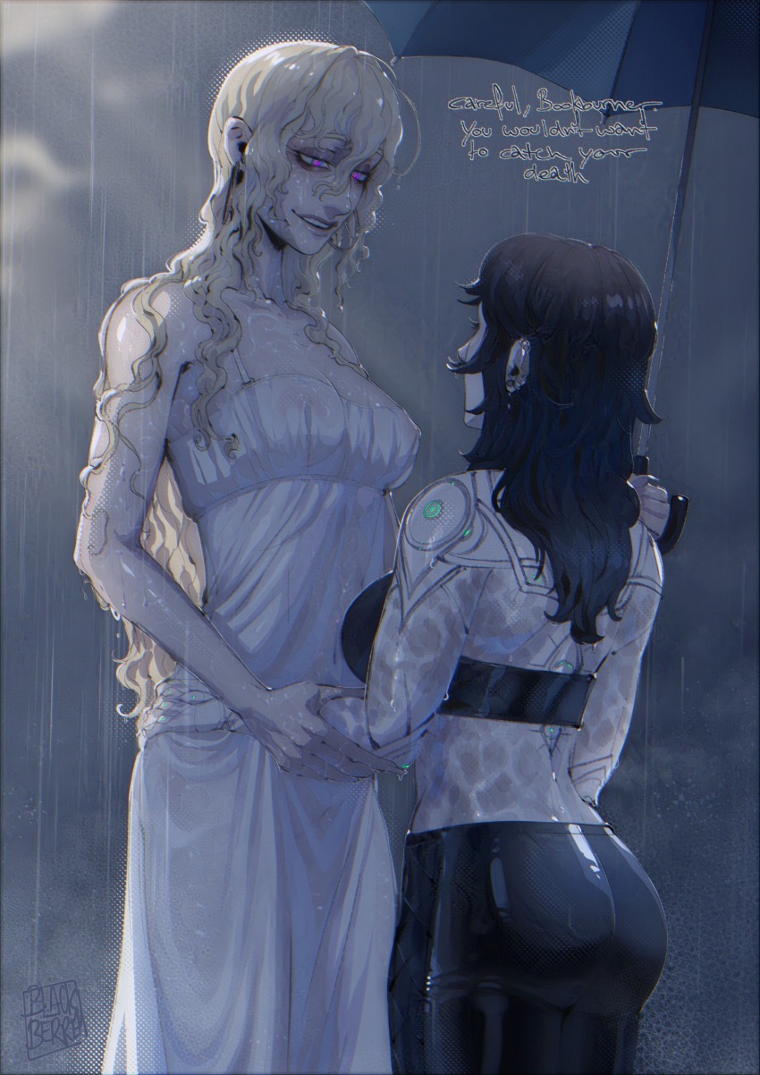 2girls, absurdres, black_hair, blackberreh-art, body_markings, breasts, covered_erect_nipples, distortion_(tma), dress, earrings, genderswap, genderswap_(mtf), gerard_keay, goth_fashion, height_difference, highres, jewelry, long_hair, michael_shelley, multiple_girls, pants, rain, scar, smile, tall_female, tattoo, the_magnus_archives, umbrella, wet, wet_clothes, wet_dress, white_dress