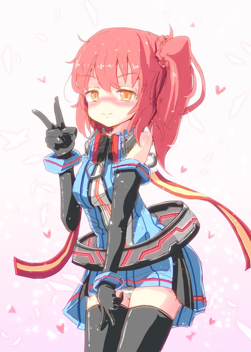 1girl, absurdres, android, black_gloves, black_thighhighs, blue_dress, blue_wrist_cuffs, blush, breasts, dress, elbow_gloves, emil_chronicle_online, gloves, heart, highres, killer_machine_alma, kitune47, medium_breasts, nose_blush, panties, red_hair, side_ponytail, solo, spoken_heart, thighhighs, underwear, v, white_panties, wrist_cuffs, yellow_eyes