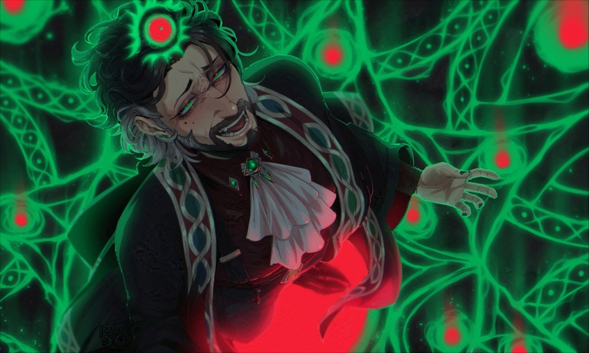 1boy, ascot, bags_under_eyes, beard, black_hair, blackberreh-art, crow's_feet, elias_bouchard