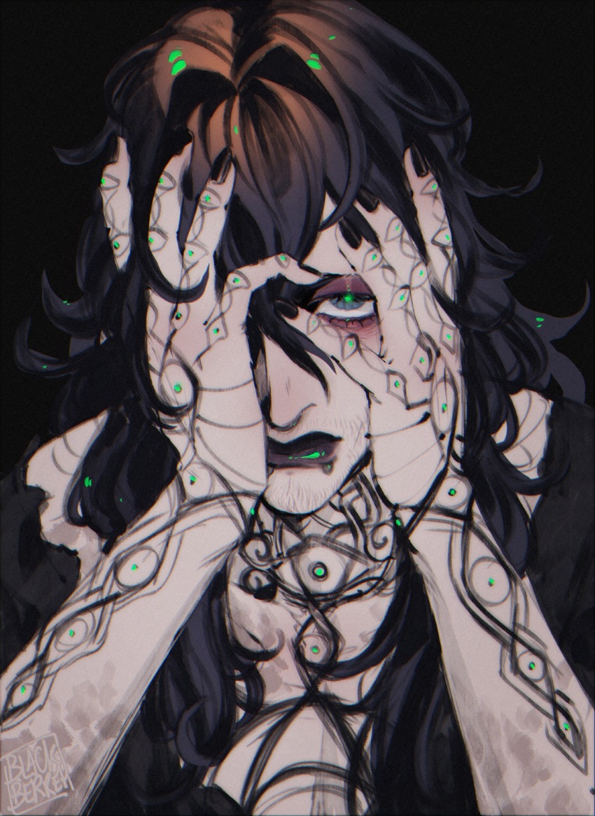 1boy, arm_tattoo, bags_under_eyes, beard_stubble, black_background, black_hair, black_lips, blackberreh-art