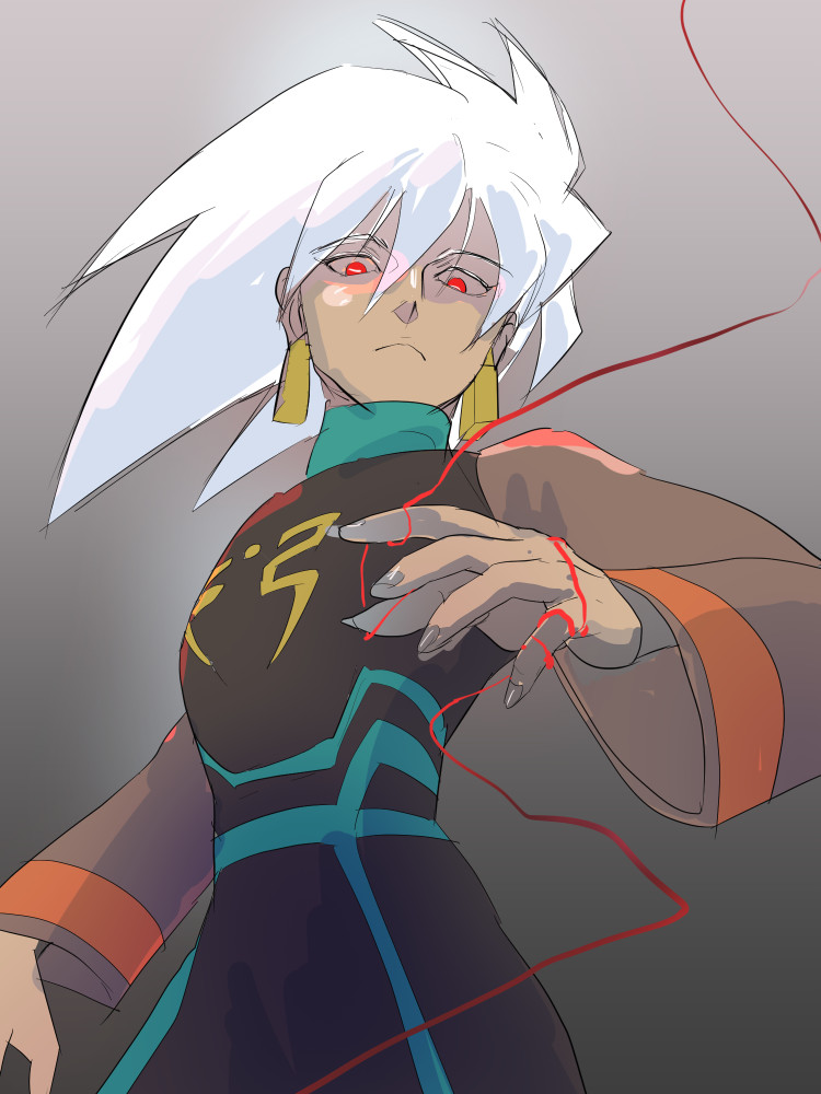 1boy, cowboy_shot, earrings, grey_background, jewelry, looking_at_viewer, male_focus, medium_hair, mega_man_(series), mega_man_star_force_(series), red_eyes, simple_background, solo, solo_(mega_man), tumitumi, white_hair