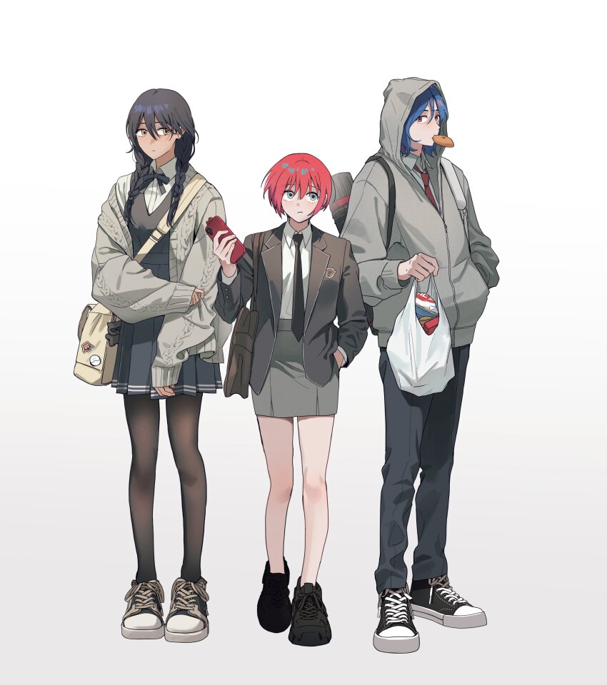 1boy, 2girls, absurdres, alternate_costume, alternate_hairstyle, amate_yuzuriha, aqua_eyes, bag