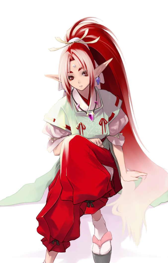 1girl, elf, female_focus, koharu_nosuke, long_hair, pointy_ears, ponytail, red_eyes