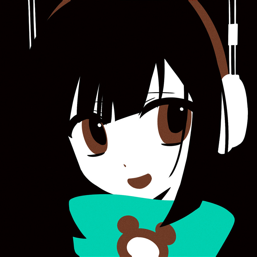 1girl, :d, aqua_sweater, black_background, black_hair, brown_eyes, center-flap_bangs, chinese_commentary