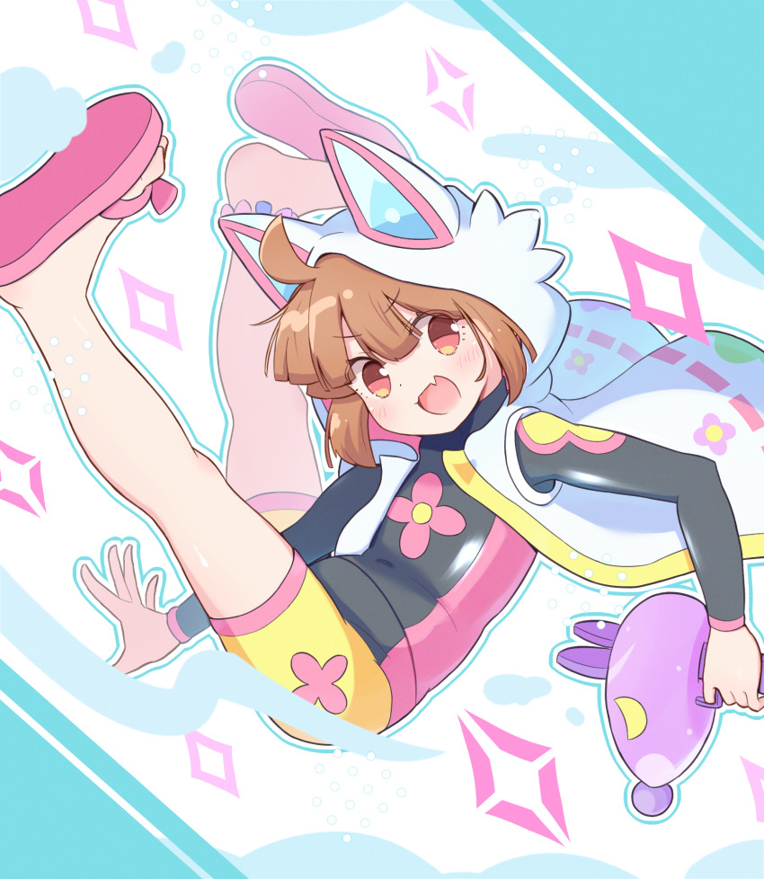 1girl, ahoge, animal_ears, arm_between_legs, atari, blush, bodysuit, brown_eyes